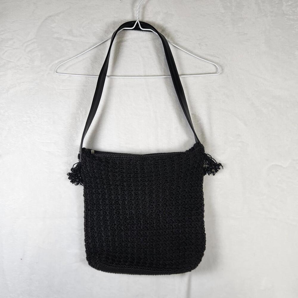 The Sak Black‎ Crochet Shoulder Bag Tassel Boho Purse Nylon Lined Zip Pocket